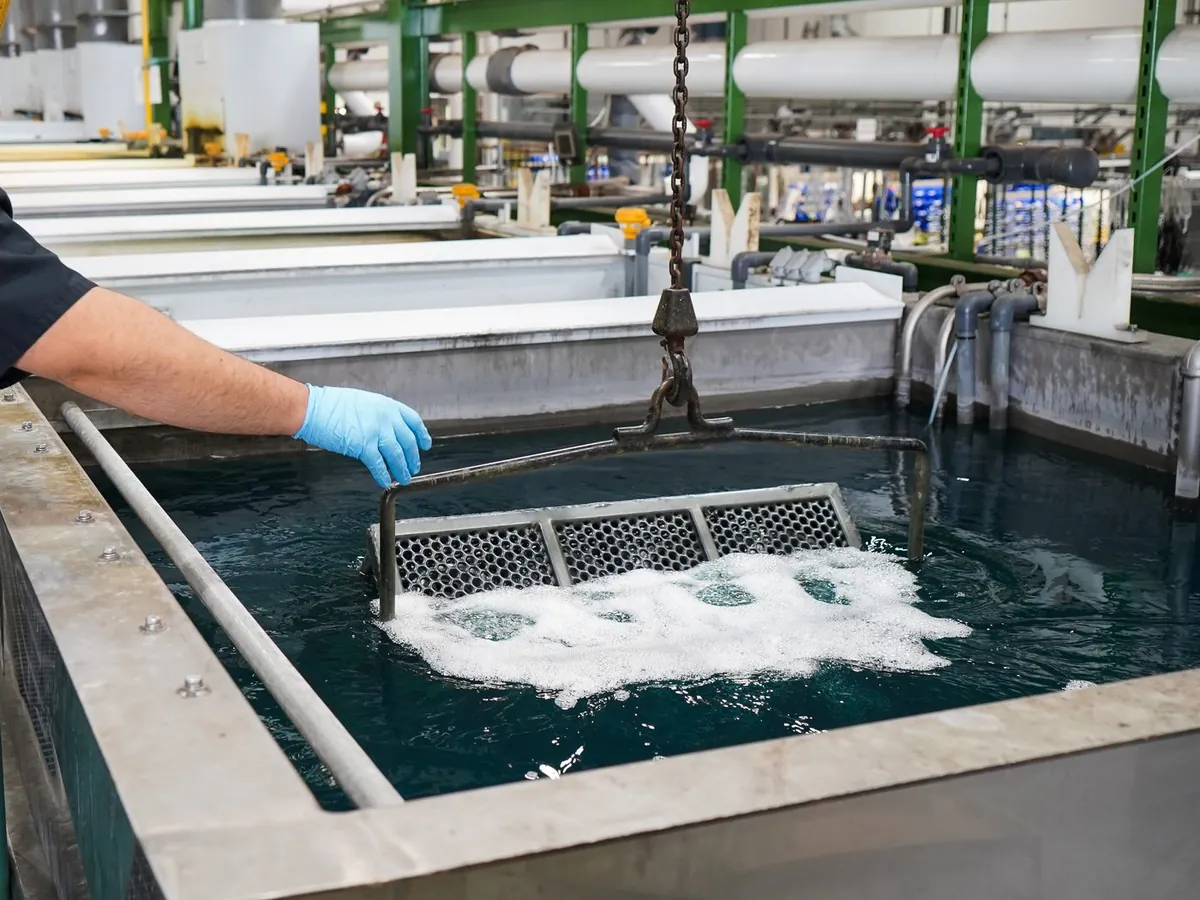 Technician lowering a rack of parts into an anodizing tank