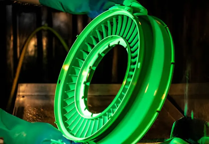 Ring part glowing under UV light during fluorescent penetrant inspection